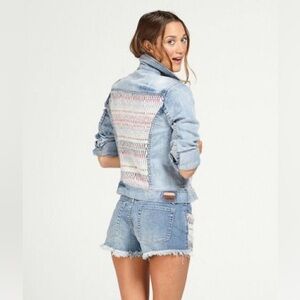Roxy Denim Jacket with Embroidery Rainbow Patchwork Coastal Y2K Skater Surf